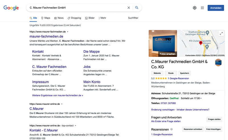 Sucht jemand direkt nach Ihrem Unternehmen wird der GMB-Eintrag rechts im sogenannten Knowledge Panel angezeigt. Foto: Screenshot Google.de